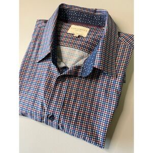 Con.Struct Mens XL Slim Fit 4-Way Stretch Houndstooth Button Down Shirt Blue Red